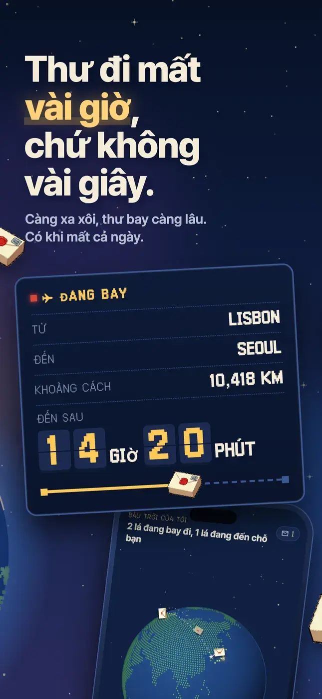 Thư đi mất vài giờ, chứ không vài giây.