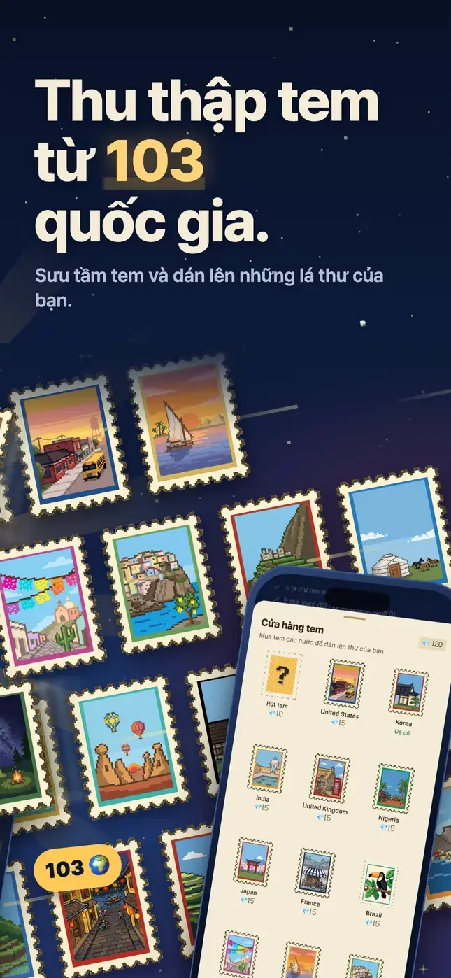 Thu thập tem từ 103 quốc gia.